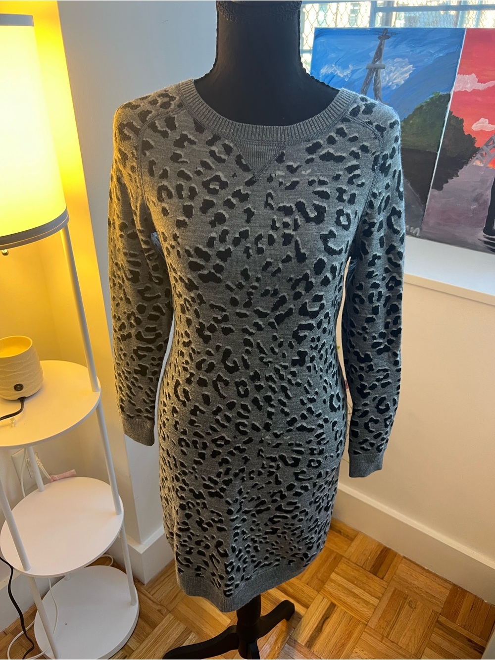 LOFT Gray and Black Leopard-Print Midi Sweater Dress